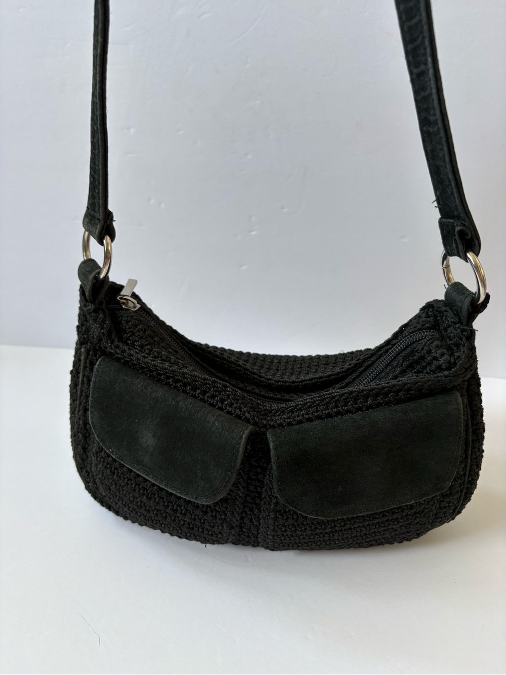 Black Crocheted Cargo Shoulder Handbag Purse Pockets Career Academia Baddie Boho